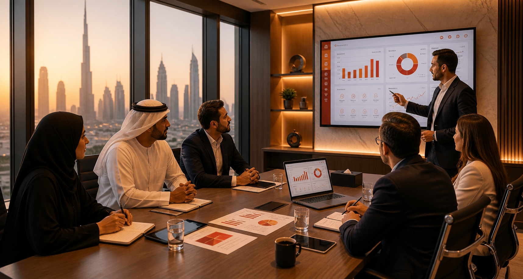 Consultants and business stakeholders discussing ERP implementation in a Dubai office