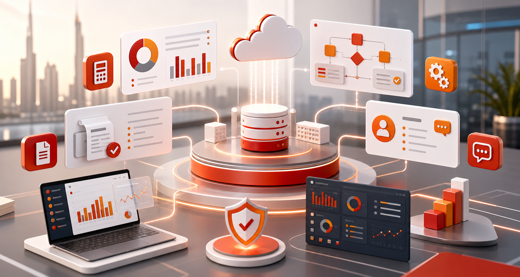 Glorious Software Systems product offerings visual for ERP, accounting, automation, reporting, and customer communication solutions
