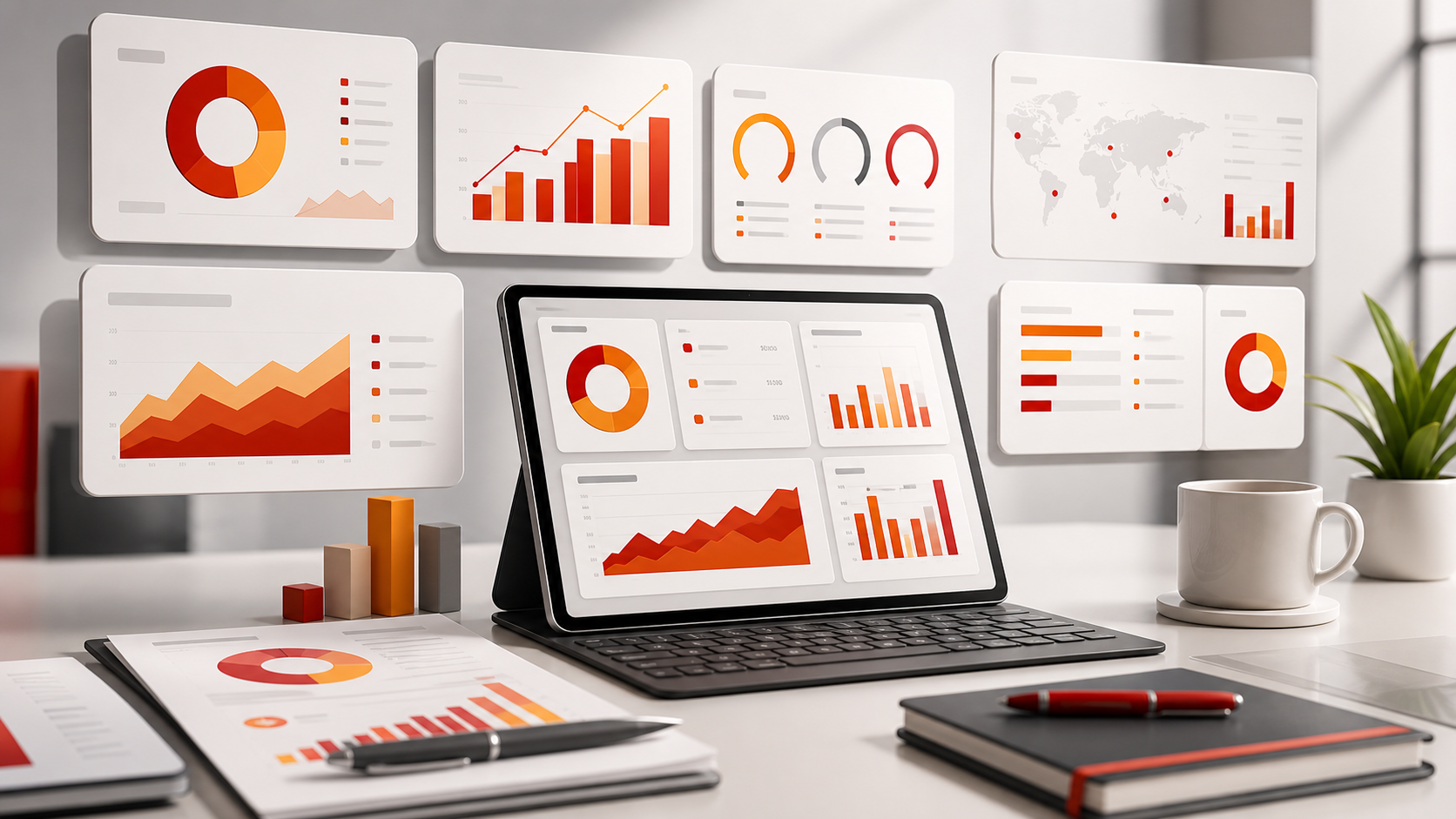 Corporate business intelligence and reporting visual with dashboards and analytics panels