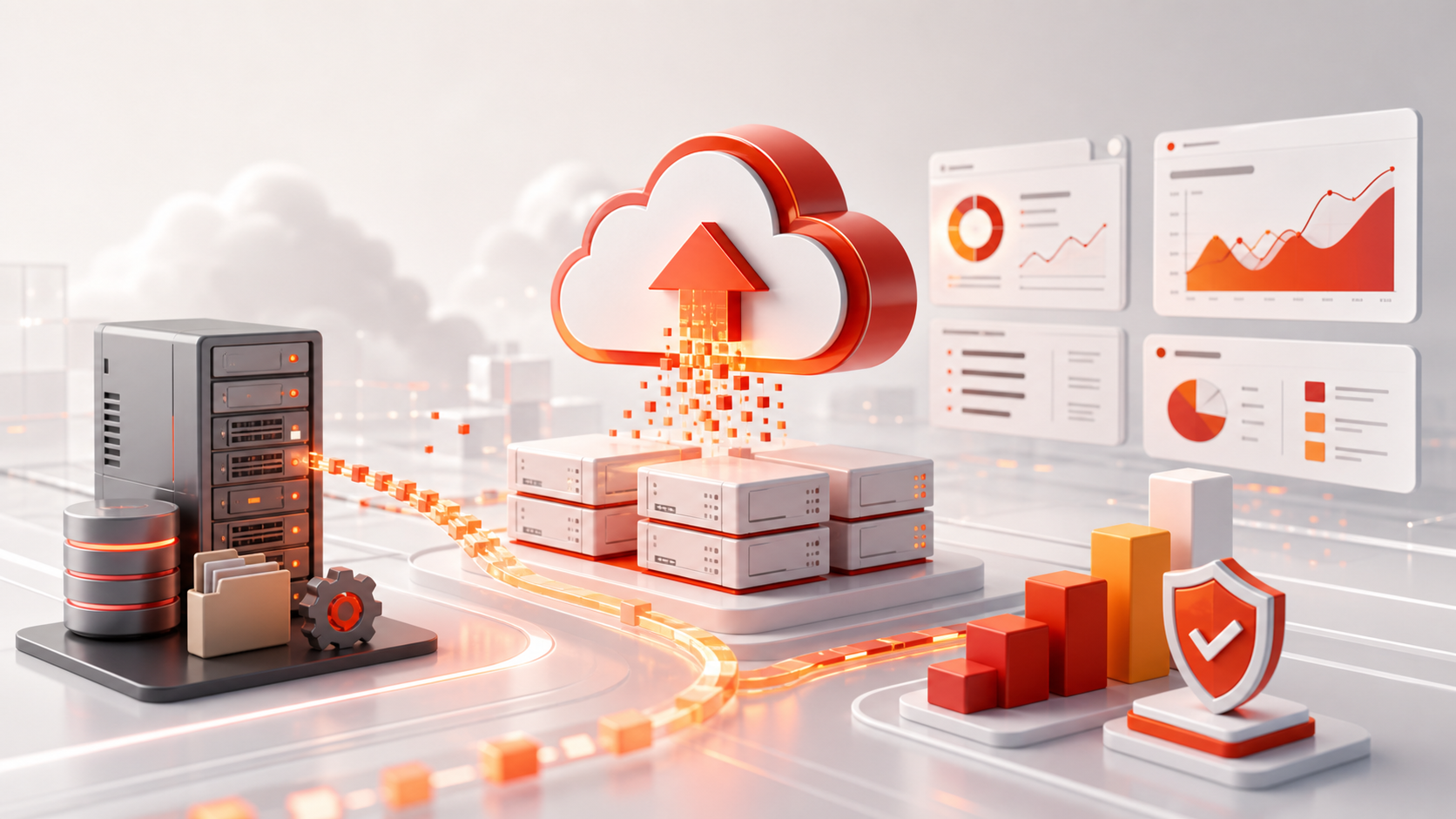 Corporate cloud migration visual with SaaS infrastructure and system upgrade elements