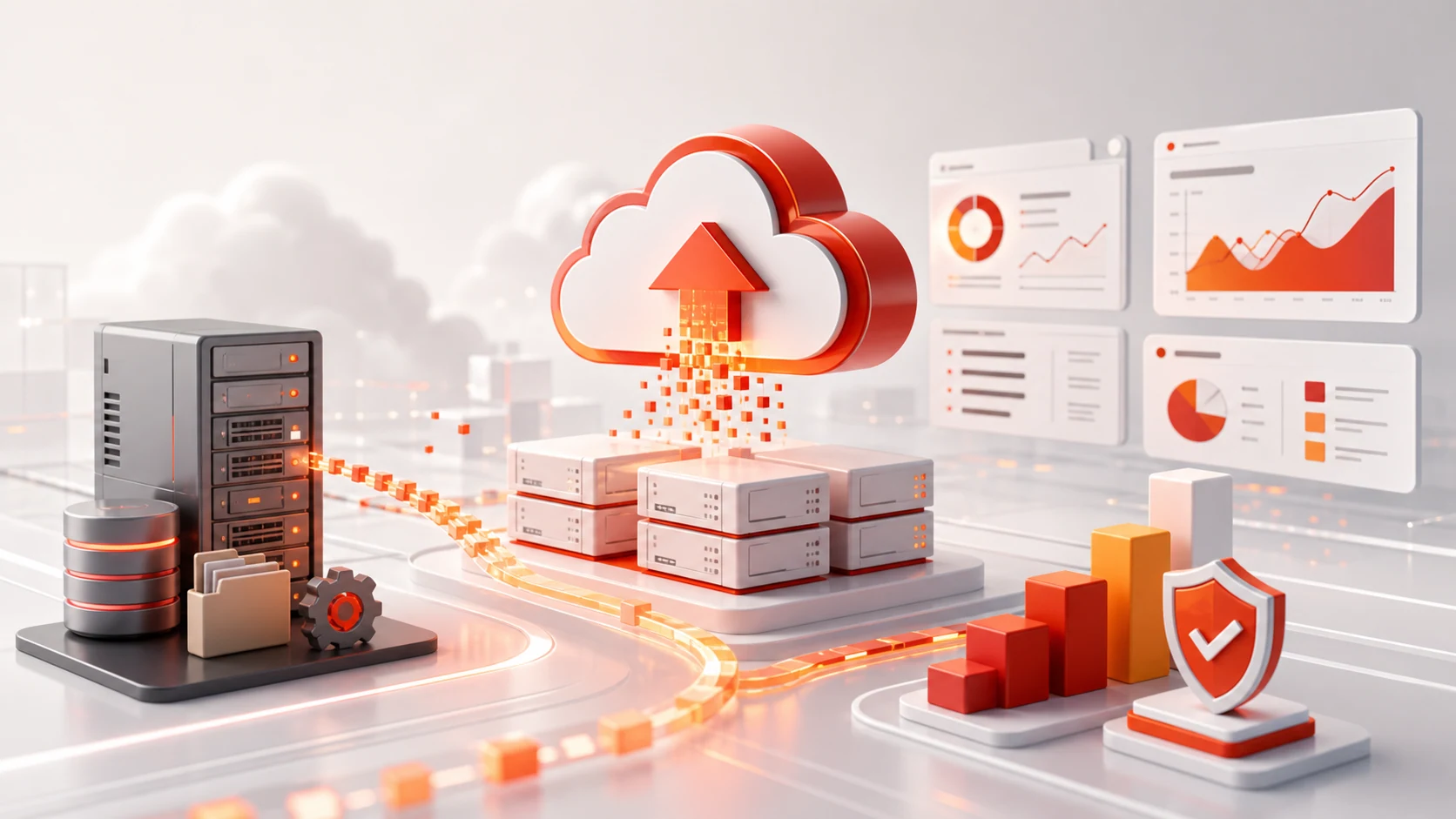 Corporate cloud migration visual with SaaS infrastructure and system upgrade elements