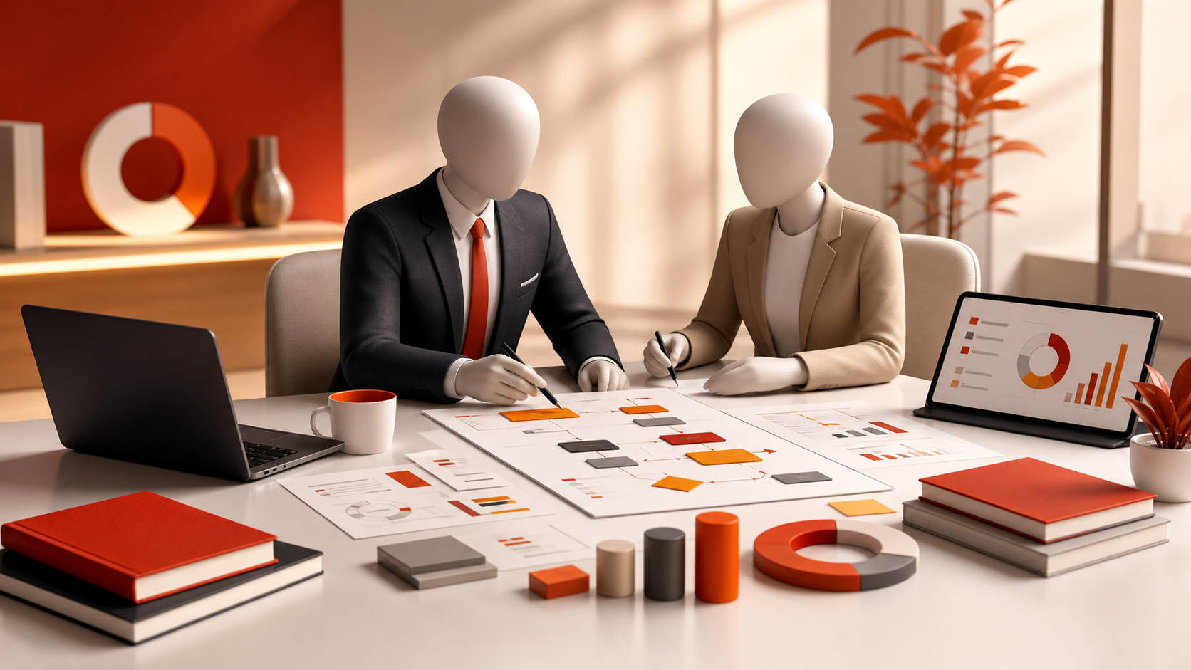 Corporate consulting and advisory visual with planning, workflows, and business software
