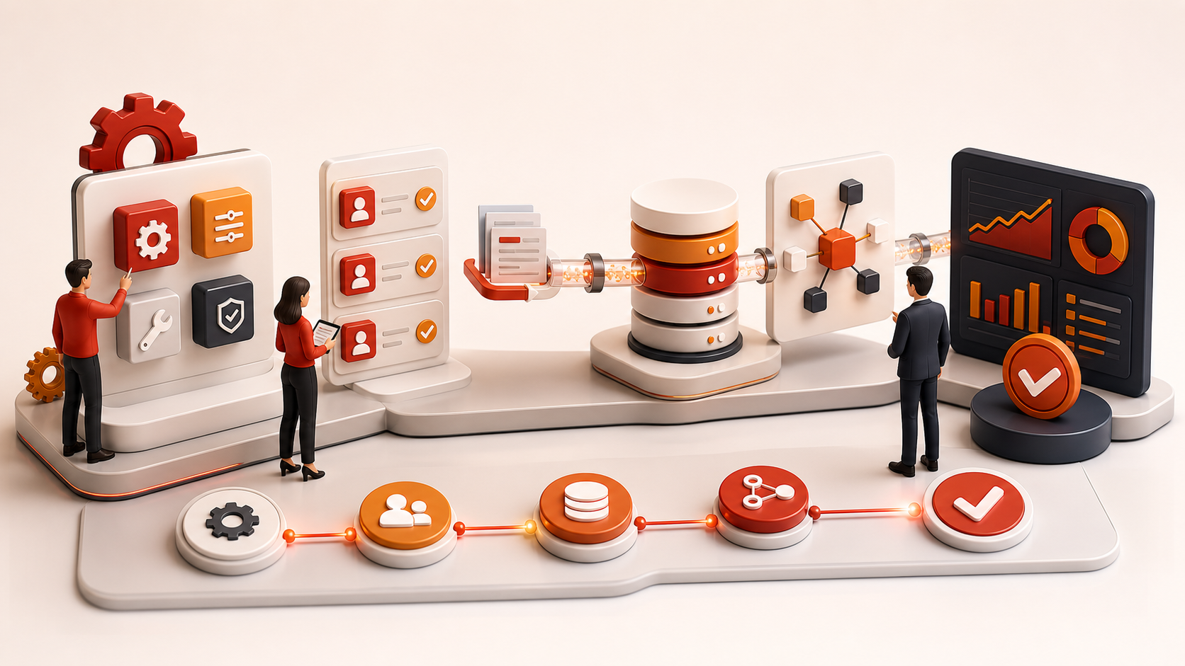Corporate onboarding and implementation visual with configuration, data import, and workflow milestones