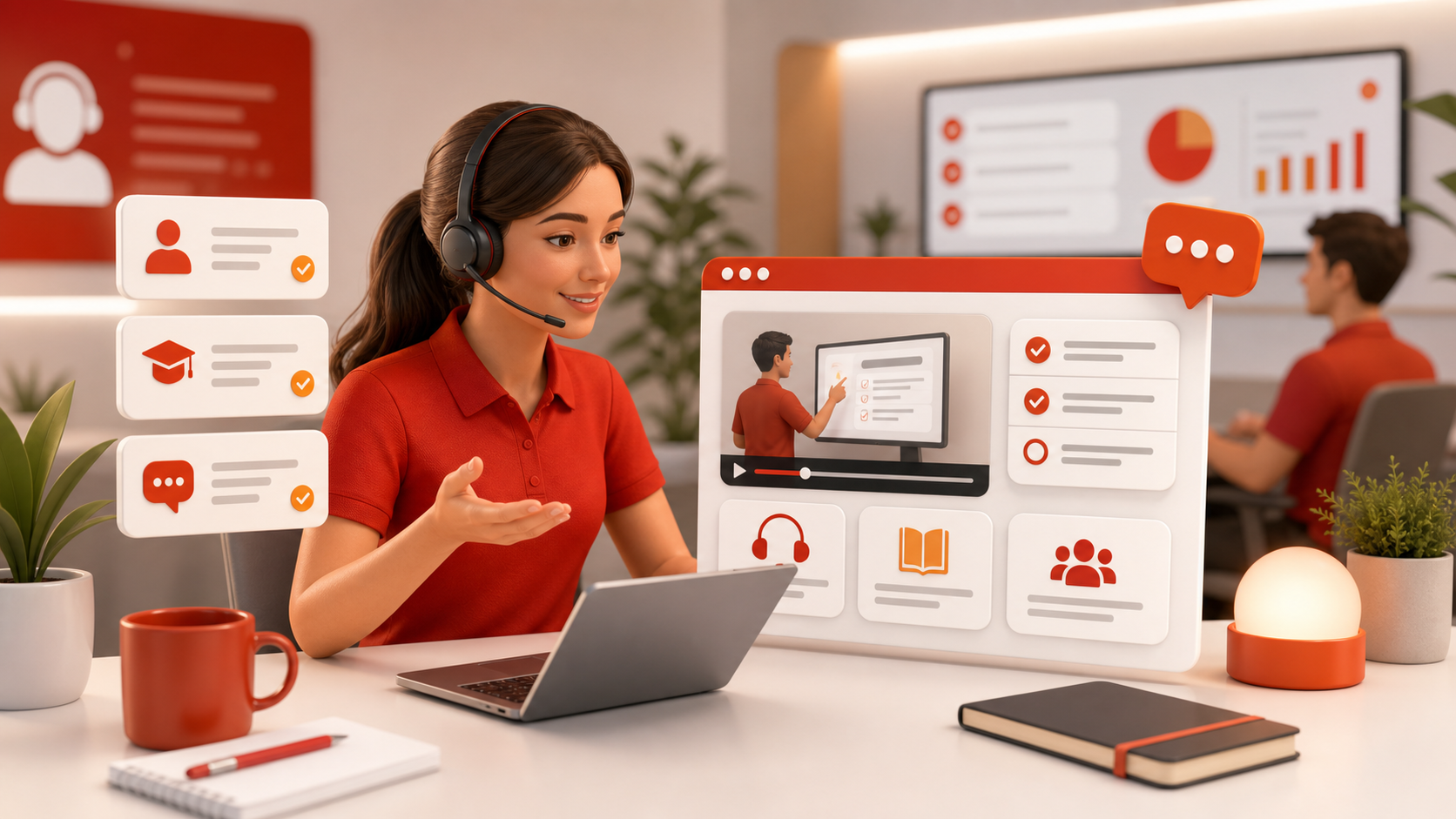 Corporate training and user support visual with helpdesk and software learning elements