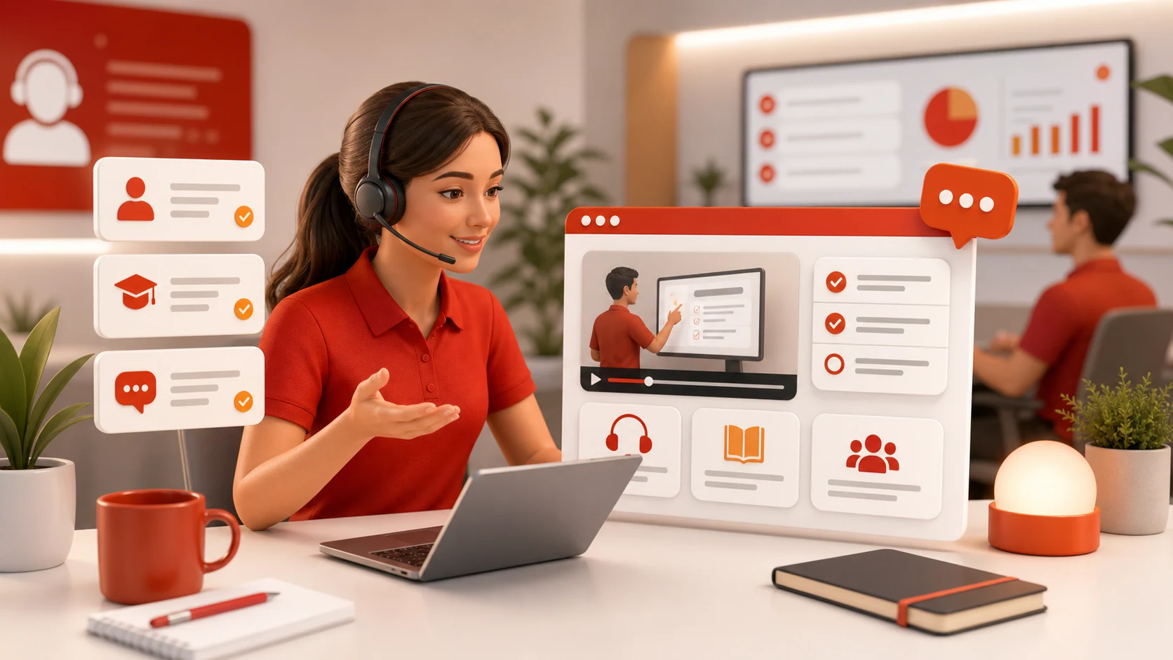 Corporate training and user support visual with helpdesk and software learning elements